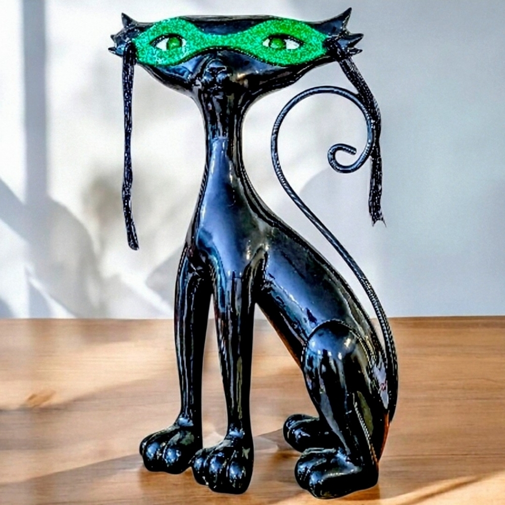 Collectible Resin Mardi Gras Carnival Halloween Lucky Cat Sparkling Green Mask - Picture 3 of 6